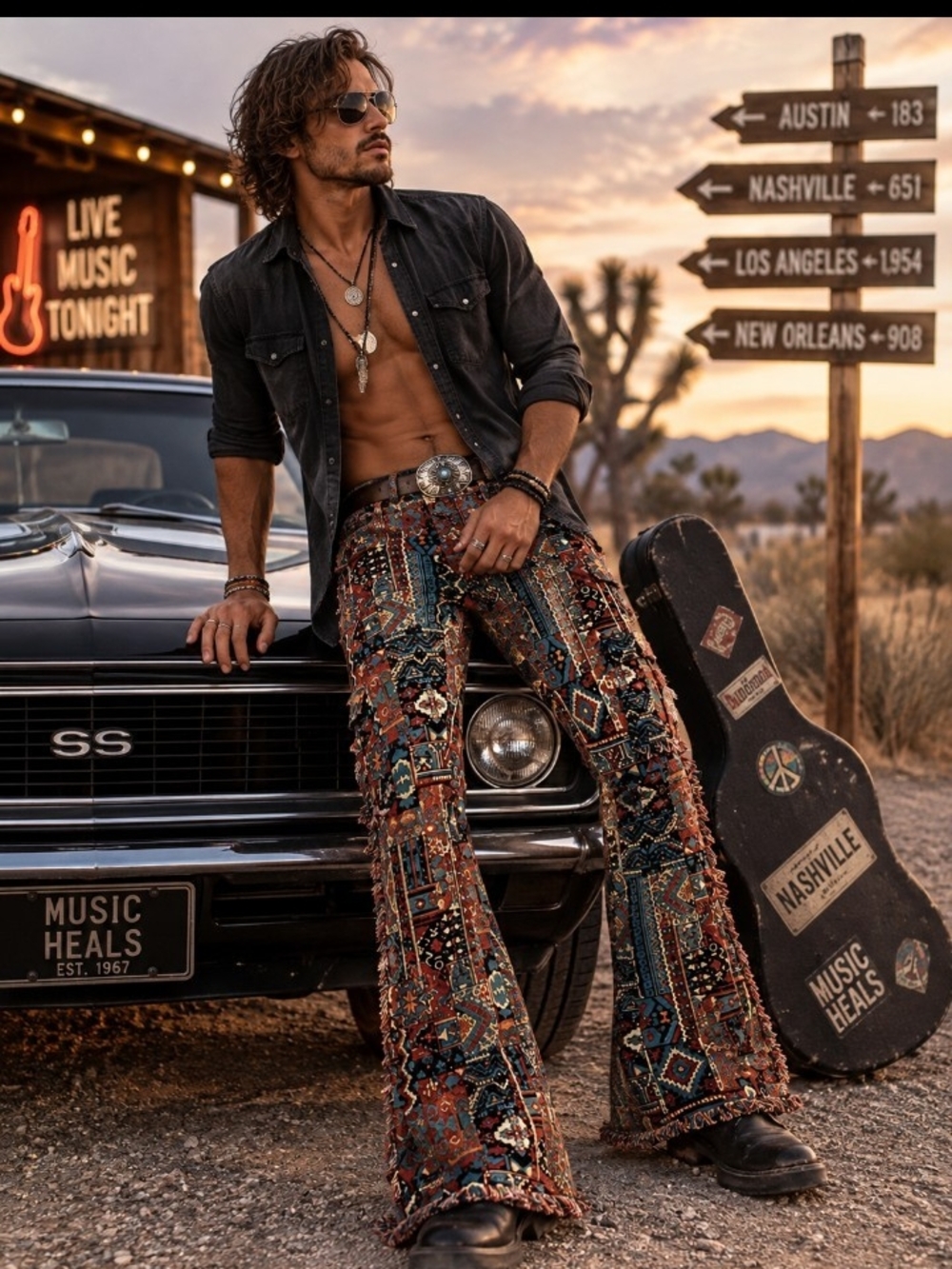 NWT Rockstar Originals. Men's Bohemian Patchwork Flared Jeans.